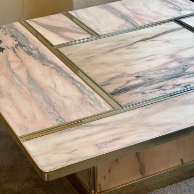 Late 20th Century Italian Square Brass w Mirror Pink Onyx Top Coffee Table