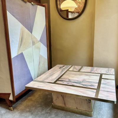Late 20th Century Italian Square Brass w Mirror Pink Onyx Top Coffee Table