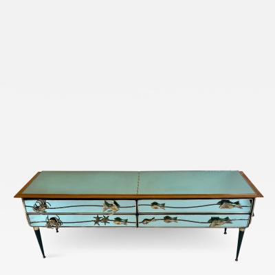 Late 20th Century Mint Green Mirror w Bronze Brass Details Chest of Drawers