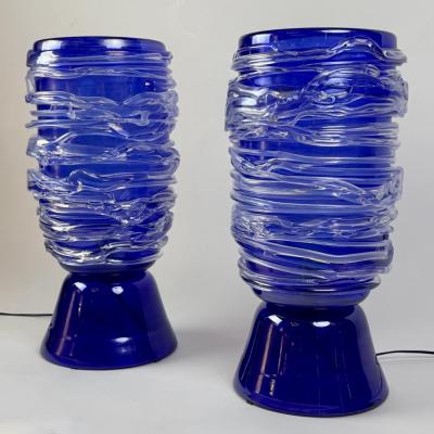 Late 20th Century Pair of Blu Murano Glass Table Lamps