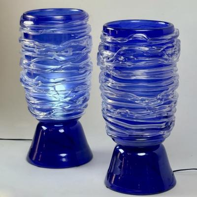 Late 20th Century Pair of Blu Murano Glass Table Lamps