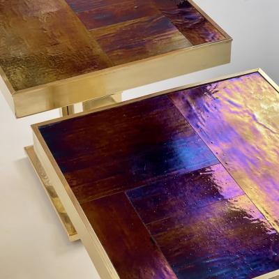 Late 20th Century Pair of Brass Blue W Gold Shades Murano ArtGlass Side Tables