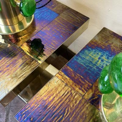 Late 20th Century Pair of Brass Blue W Gold Shades Murano ArtGlass Side Tables