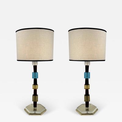 Late 20th Century Pair of Brass Multicolored Murano Art Glass Table Lamps