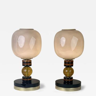 Late 20th Century Pair of Brass Opaline and Grey Murano Glass Table Lamps
