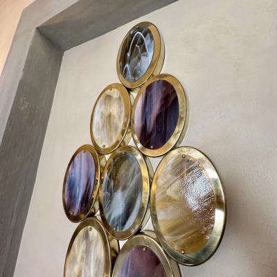 Late 20th Century Pair of Brass Oval Multicolored Murano Art Glass Sconces