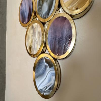 Late 20th Century Pair of Brass Oval Multicolored Murano Art Glass Sconces