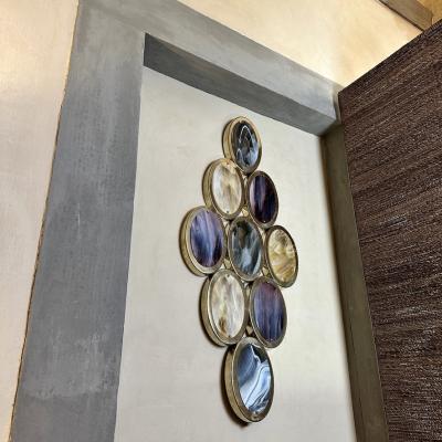 Late 20th Century Pair of Brass Oval Multicolored Murano Art Glass Sconces