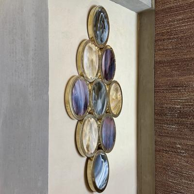 Late 20th Century Pair of Brass Oval Multicolored Murano Art Glass Sconces