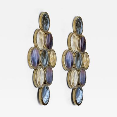 Late 20th Century Pair of Brass Oval Multicolored Murano Art Glass Sconces