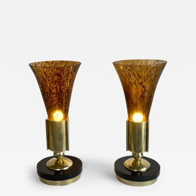 Late 20th Century Pair of Brass Tortoiseshell Murano Art Glass Table Lamps