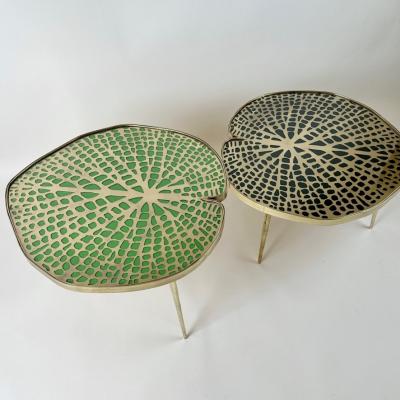 Late 20th Century Pair of Brass Transparent Glass Water Lilies Side Tables