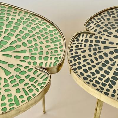 Late 20th Century Pair of Brass Transparent Glass Water Lilies Side Tables