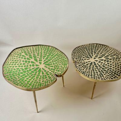 Late 20th Century Pair of Brass Transparent Glass Water Lilies Side Tables