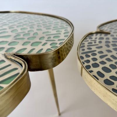 Late 20th Century Pair of Brass Transparent Glass Water Lilies Side Tables