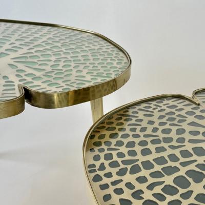 Late 20th Century Pair of Brass Transparent Glass Water Lilies Side Tables