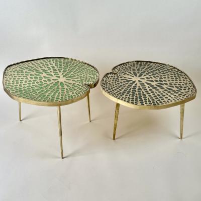 Late 20th Century Pair of Brass Transparent Glass Water Lilies Side Tables