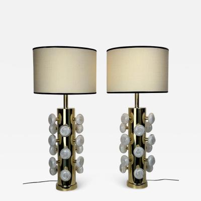 Late 20th Century Pair of Brass White Murano Art Glass Butttons Table Lamps