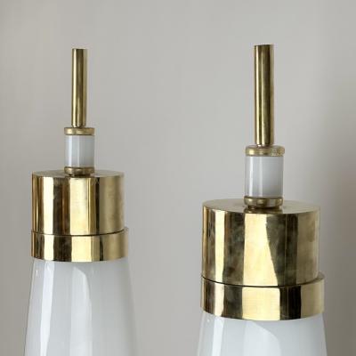 Late 20th Century Pair of Brass White Murano Hand Blown Glass Floor Lamps