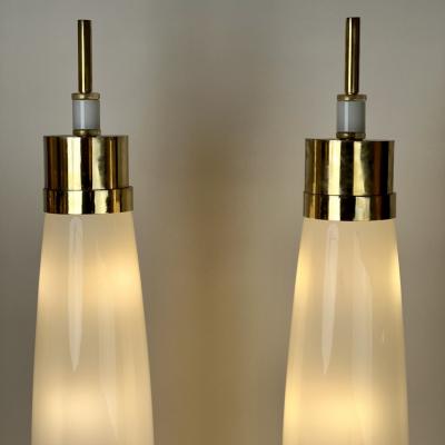 Late 20th Century Pair of Brass White Murano Hand Blown Glass Floor Lamps