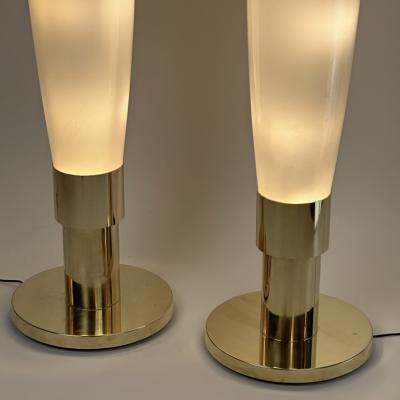 Late 20th Century Pair of Brass White Murano Hand Blown Glass Floor Lamps