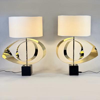 Late 20th Century Pair of Brass and Black Marquina Marble Sculptural Table Lamps