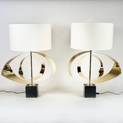 Late 20th Century Pair of Brass and Black Marquina Marble Sculptural Table Lamps