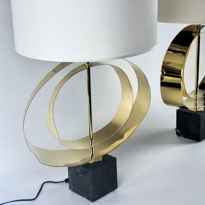 Late 20th Century Pair of Brass and Black Marquina Marble Sculptural Table Lamps
