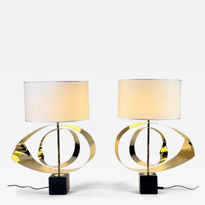 Late 20th Century Pair of Brass and Black Marquina Marble Sculptural Table Lamps