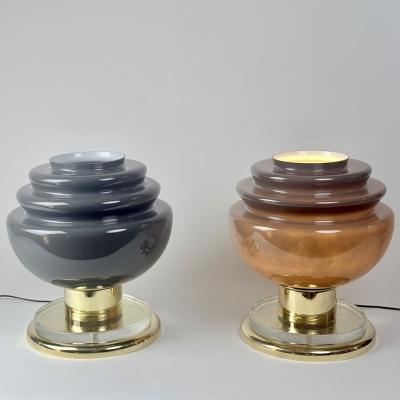 Late 20th Century Pair of Brass and Grey Murano Glass Table Lamps