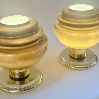 Late 20th Century Pair of Brass and Grey Murano Glass Table Lamps