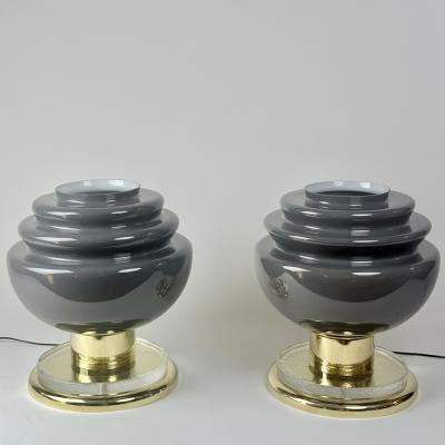 Late 20th Century Pair of Brass and Grey Murano Glass Table Lamps