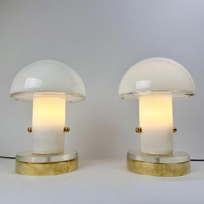 Late 20th Century Pair of Brass and Lattimo Murano Glass Table Lamps