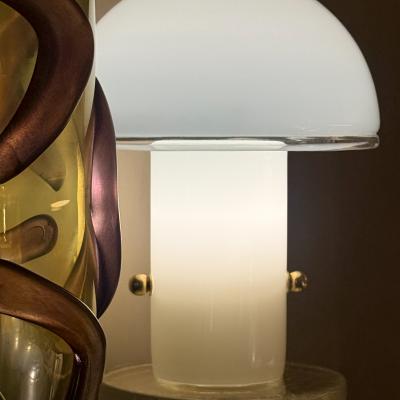 Late 20th Century Pair of Brass and Lattimo Murano Glass Table Lamps