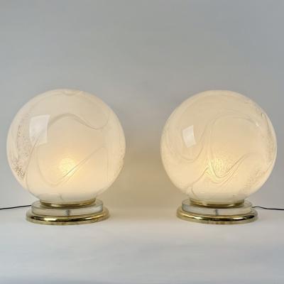 Late 20th Century Pair of Brass and Marbled Murano Glass Table Lamps