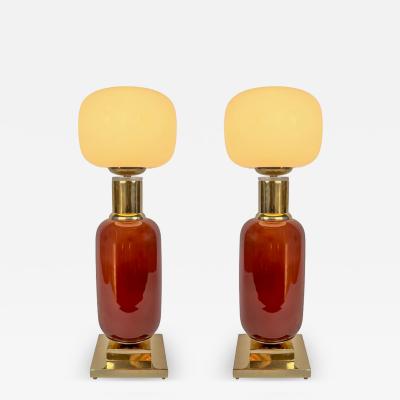 Late 20th Century Pair of Brass and Murano Glass Tall Table Lamps