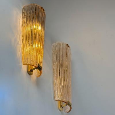 Late 20th Century Pair of Brass and Pink Murano Glass w Gold Glitter Sconces