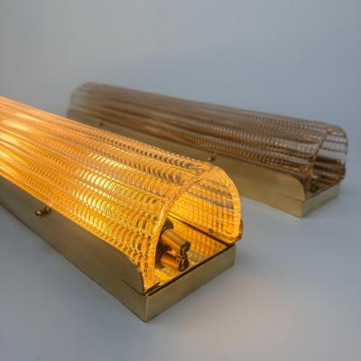 Late 20th Century Pair of Brass and Pink Transparent Murano Glass Sconces