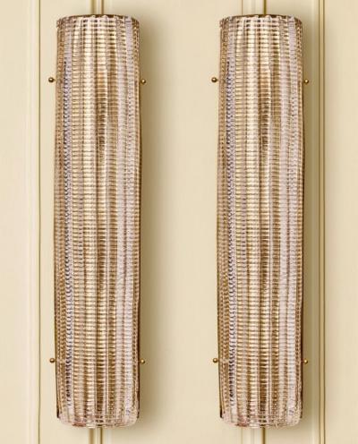 Late 20th Century Pair of Brass and Pink Transparent Murano Glass Sconces