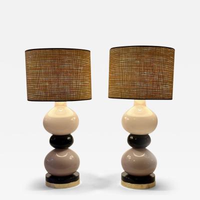 Late 20th Century Pair of Brass w Black Lilac Murano Blown Glass Table Lamps