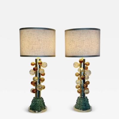 Late 20th Century Pair of Brass w Gold Balls Green Murano Glass Table Lamps