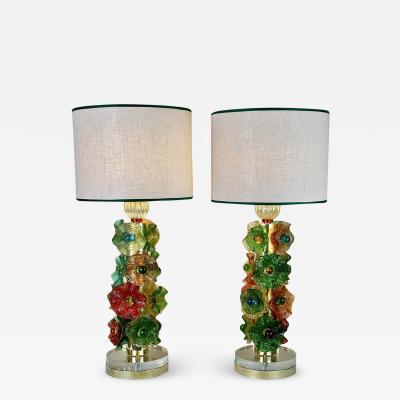 Late 20th Century Pair of Brass w Multicolored Murano Glass Flowers Table Lamps