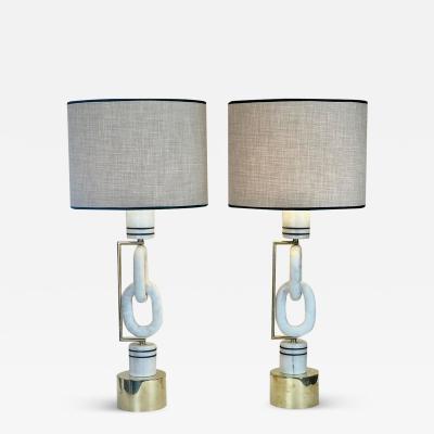 Late 20th Century Pair of Italian Brass White Carrara Marble Table Lamps