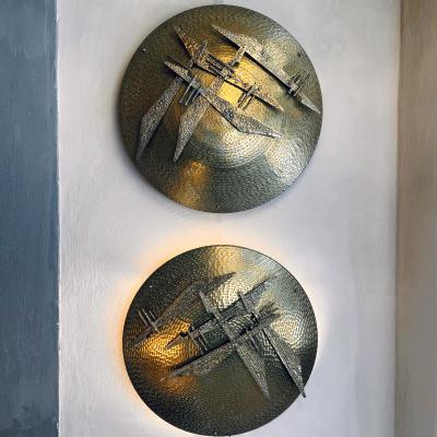 Late 20th Century Pair of Italian Hammered Brass Cast Brass Shield Sconces
