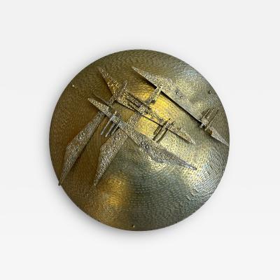 Late 20th Century Pair of Italian Hammered Brass Cast Brass Shield Sconces