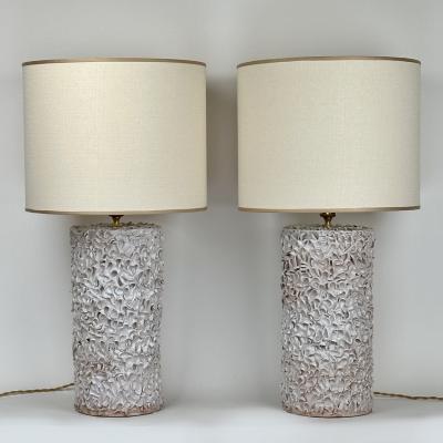 Late 20th Century Pair of Italian White Ceramic Sculptural Table Lamps w Shades