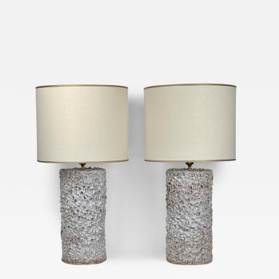 Late 20th Century Pair of Italian White Ceramic Sculptural Table Lamps w Shades