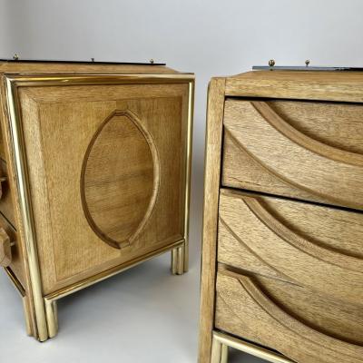 Late 20th Century Pair of Italian Wood Brass Light Brown Glass Night Stands