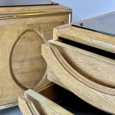 Late 20th Century Pair of Italian Wood Brass Light Brown Glass Night Stands