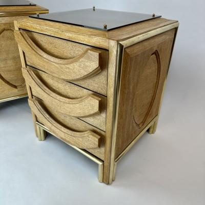 Late 20th Century Pair of Italian Wood Brass Light Brown Glass Night Stands